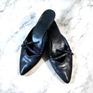 Authentic Prada pointed bow toe mules black block kitten heel